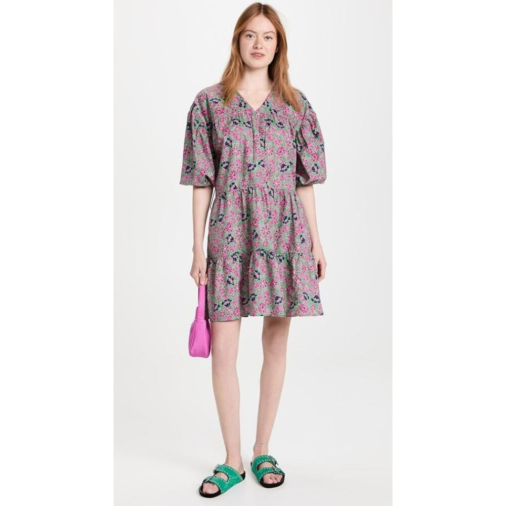 Sundry Ditsy Floral Puff Sleeve Tiered Mini Dress Sage Green Multi Women's 0 XS